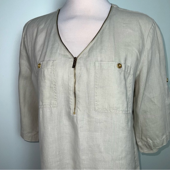 Company Ellen Tracy Linen Blouse Women’s Large Sand Zip Front Roll Sleeve Top - Picture 2 of 13